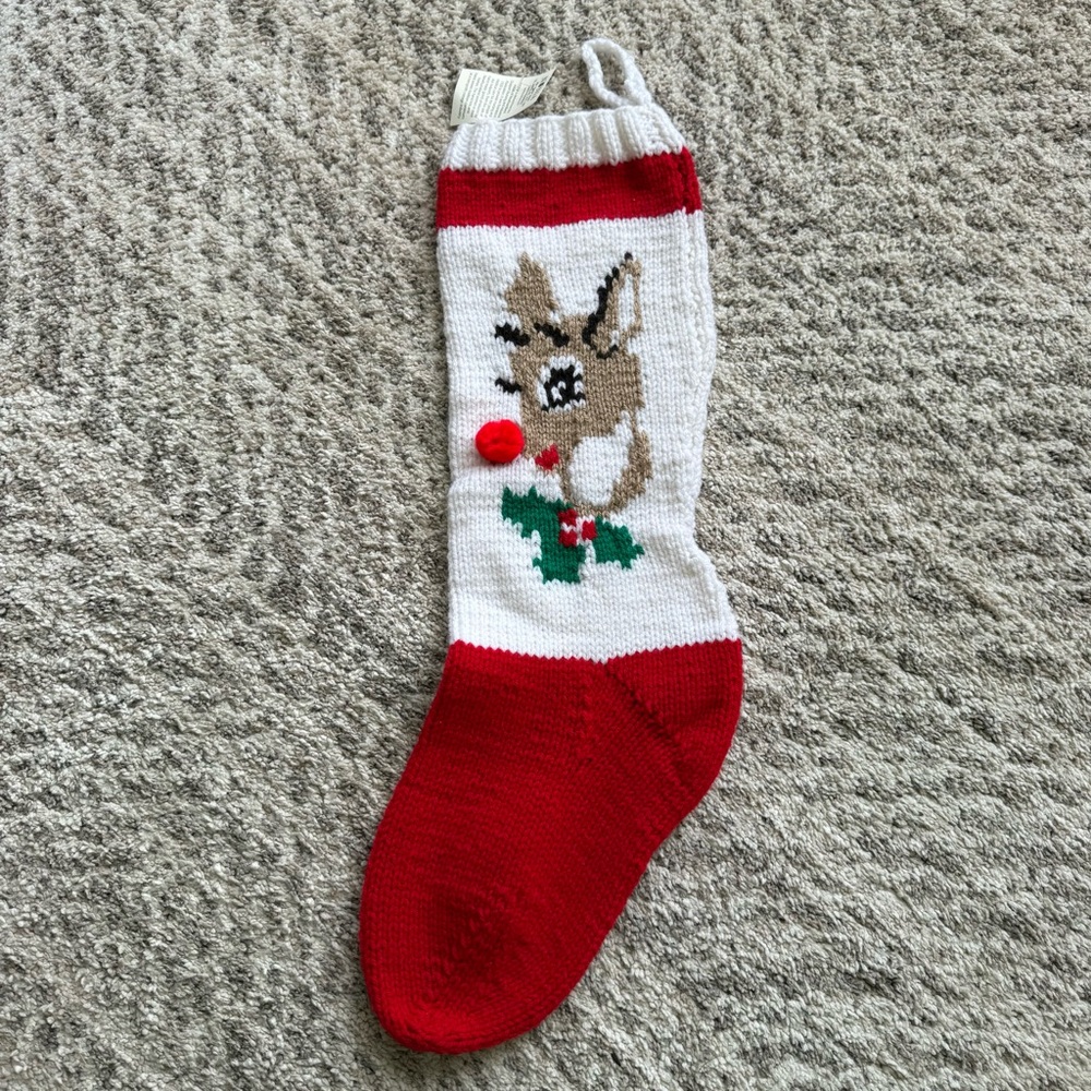 Festive Red‎ and White Rudolph Reindeer Holiday Hand Knit Wool Stocking NWT